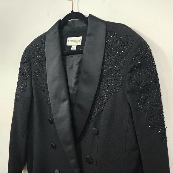 John Meyer Black Beaded Satin Wool Tuxedo Double-Breasted Jacket Blazer Size 12 - Picture 9 of 16